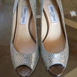 Jimmy Choo Evelyn 85 Champagne Glitter Pump